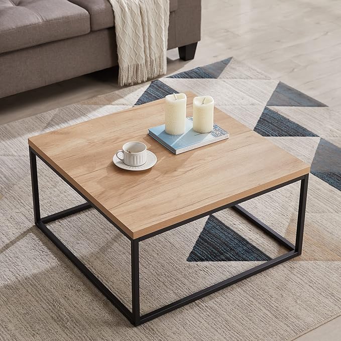 CENSI 30" Square Coffee Table, Natural Oak Light Wood Center Table for Living Room, Modern Industrial Farmhouse Cocktail Table, Extra Thick 1.2" Top with Sturdy Metal Frame, Scandi Style