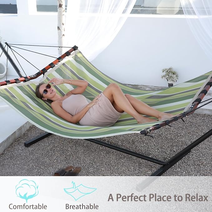 TegerDeger 12FT 2 Person Hammock Large Hammock Quick Dry 450LB Capacity with V Shaped Hardwood Spreader Bar & Nylon Rope for Outside, Patio, Garden, Backyard, Beach, Poolside - Tender Green Stripes - Image 2
