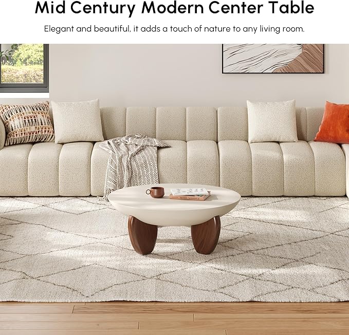 homary Round Concrete Coffee Table with Premium Walnut Ash Wood Legs, Modern Minimalist Cement Finish Center Table for Living Room