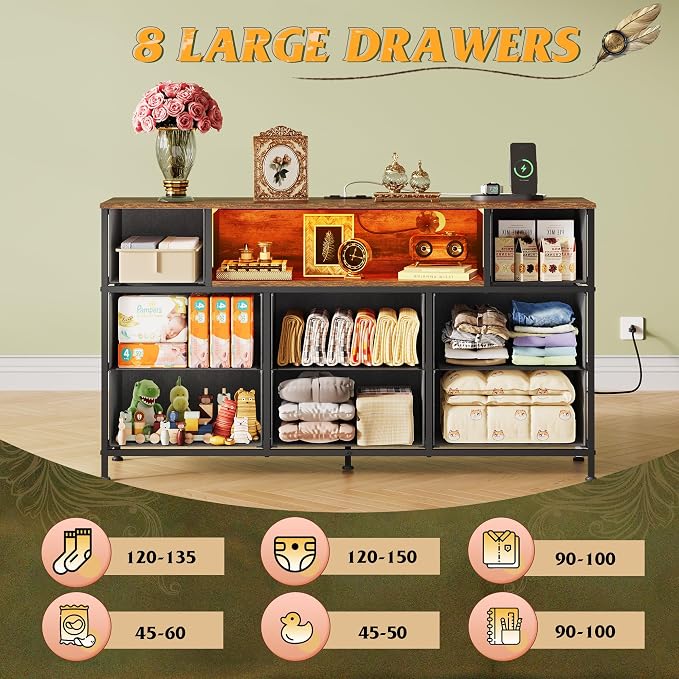 WLIVE Dresser TV Stand for 45, 50, 55 inch TV, Entertainment Center with LED Lights & Charging Station, Chest of Drawers with 8 Fabric Drawers and Open Shelves for Living Room, Hallway, Pattern - Image 6