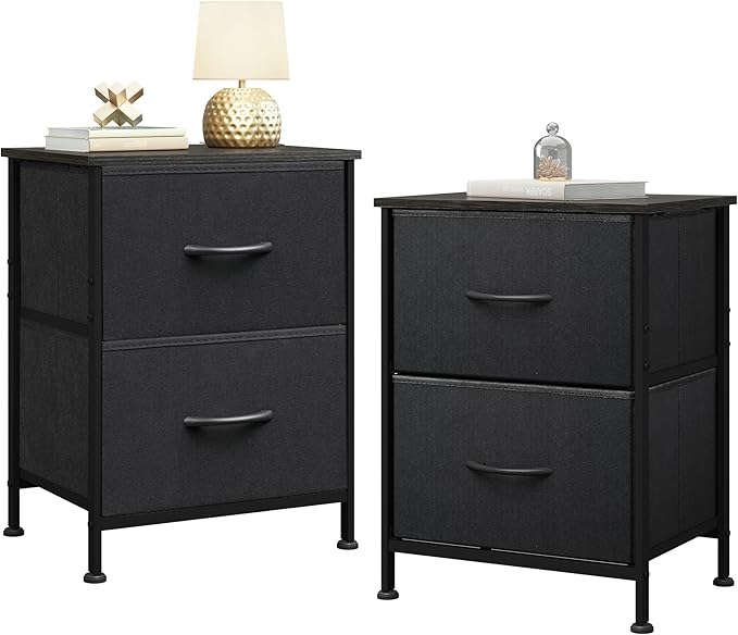 WLIVE Black Nightstand Set of 2, Night Stand with 2 Fabric Drawers, Small Dresser for Bedroom, Bedside Tables for Small Spaces, Dorm, Wood Top by WLIVE