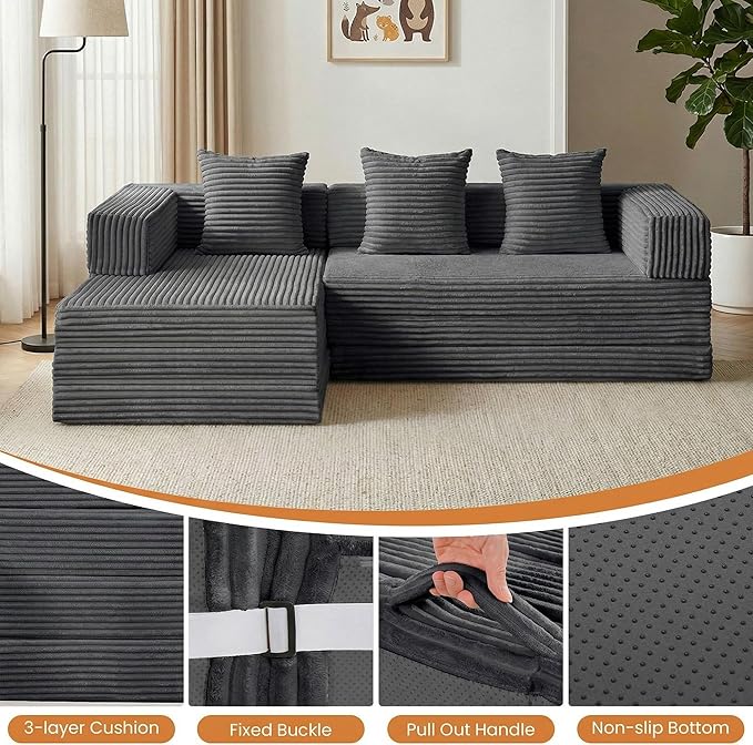 Modular Sectional Sofa, Boneless Convertible Oversized Sleeper Sofa Bed, Modern Tri-Folding Cloud Couch with L-Shape Chaise, Corduroy Futon Couches for Living Room Small Spaces Apartment,No Assembly