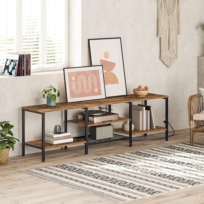 HOOBRO TV Stand with Power Outlets to 75 Inches, TV Console Table with Open Storage Shelves Cabinet, Industrial Media Entertainment Center for Living Room Bedroom, Rustic Brown and Black BF80DS01 - Image 5
