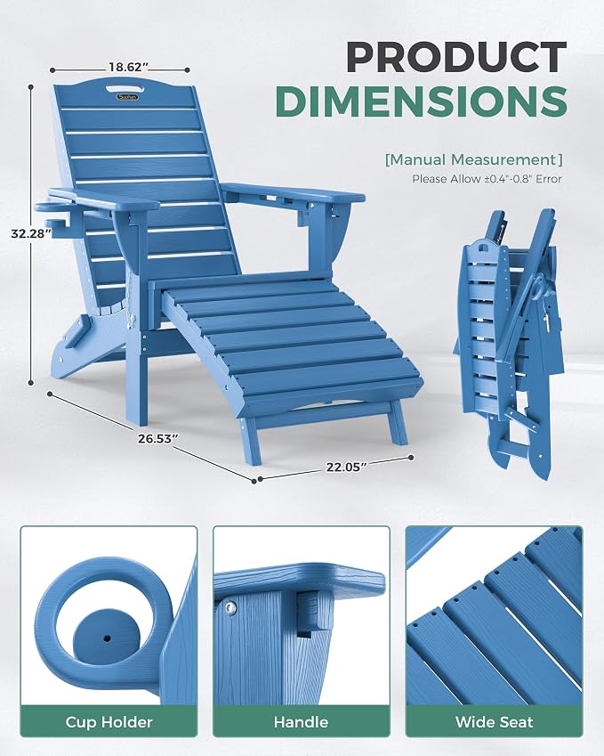 Folding Adirondack Chair with Retractable Ottoman Weather Resistant Fire Pit Chair Patio Chair with 2 Cup Holder Lawn Outdoor Lounge Chair (Navy Blue) - Image 3