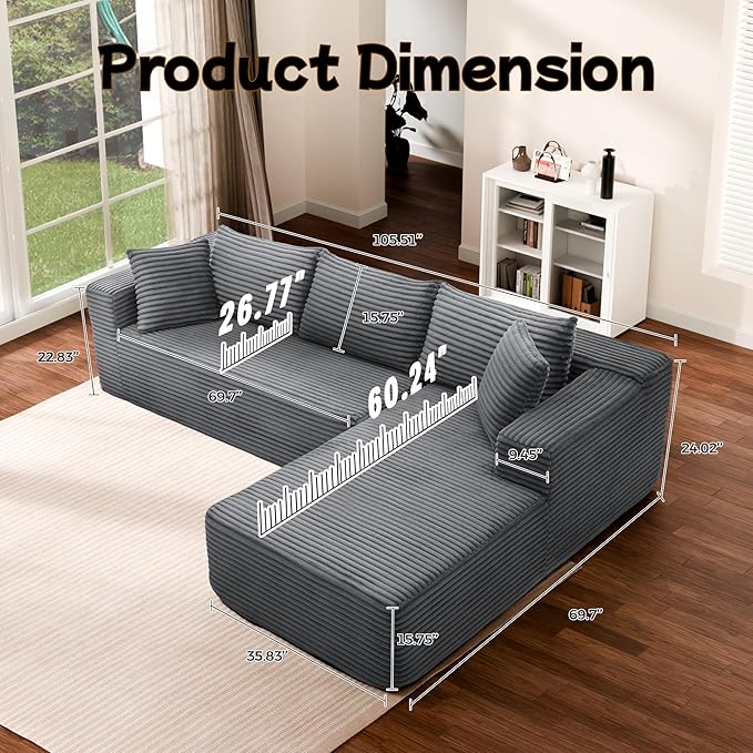 Cloud Sectional Couch, 105” Fluffy Modular L-Shape Sofa with Left Chaise Lounge, Modular Sectional Sofa in a Box, Boneless Couch for Living Room, No Assembly Required, Flannel Gray