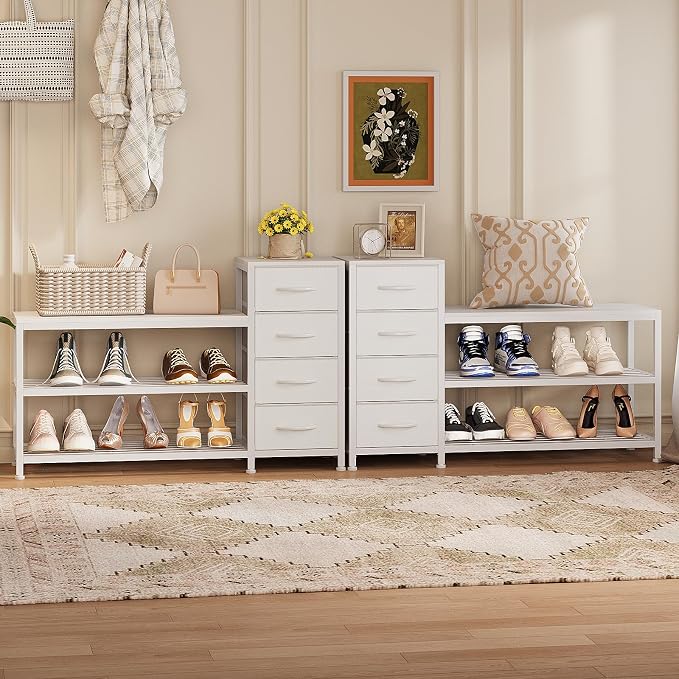 EXOTICA 3-Tier Shoe Storage Bench White Entryway Shoe Rack with 4 Drawers and Seating Shoe Shelf Storage Cabinet for Hallway Front Door Doorway Living Room Mudroom Steel Frame - Image 3