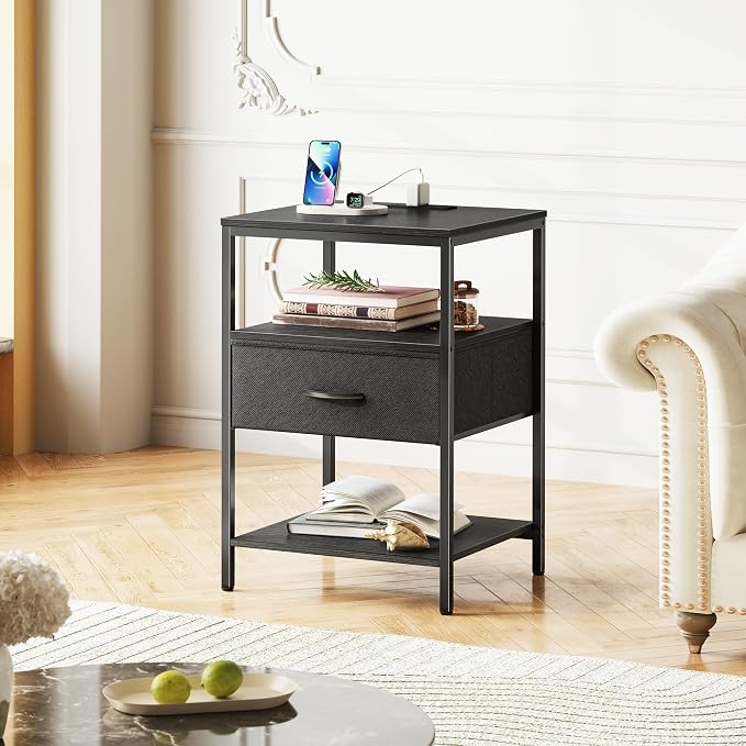SUPERJARE Night Stand with Charger Station, 27.7 Inch Tall Nightstand with Adjustable Fabric Drawer, Bed Side Table, Fabric Drawer Dresser for Bedroom, Living Room, Black - Image 9