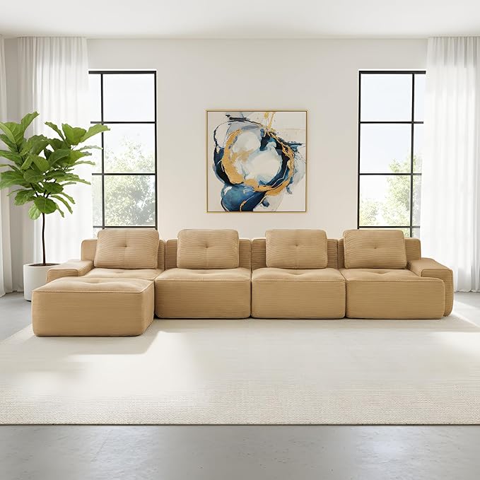 Casaphoria 150'' Corduroy Cloud Couch, 4-Seat L-Shaped Sectional Sofa with 4 Pillows & Ottoman for Living Room, Deep Seat Boneless Couch for Modern Apartment, No Assembly Required, Camel