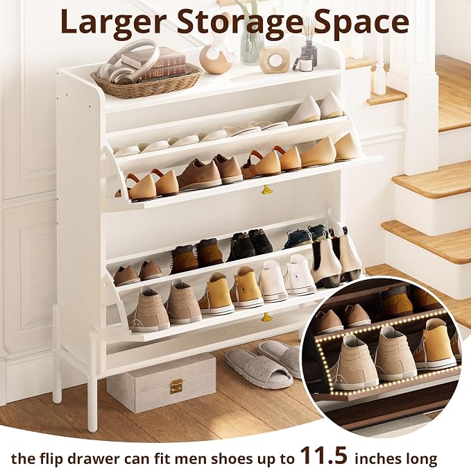 IRONCK Shoe Cabinet Storage with 2 Flip Drawers, Free Standing Wooden Shoe Storage Organizer Cabinet with Rattan Doors for Entryway, Narrow Shoe Rack Cabinet, White - Image 8