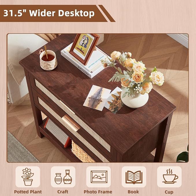 LEYAOYAO 31.5" Wide Rattan Night Stand, Large Boho Nightstand, Bedside Table with Storage, Tall Bed Side End Tables, Chest of Drawers for Bedroom, Living Room, Hallway（Walnut,2 Drawers,2） - Image 4