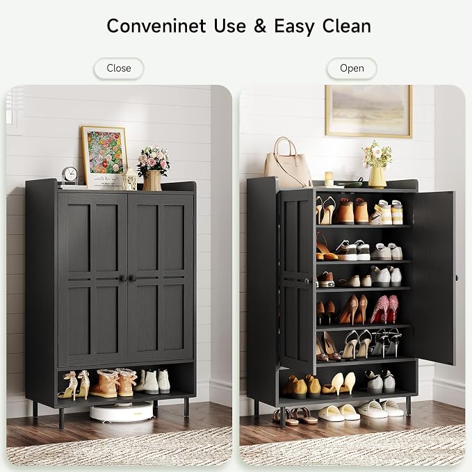 ONBRILL Shoe Cabinet with Cross Molding Doors, 6-Tier Shoe Storage Cabinet with 3 Adjustable Shelves and Metal Legs, 45'' Tall Shoes Rack Organizer Cabinet for Entryway, Front Door, Black - Image 7