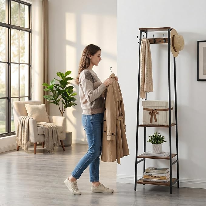 Coat Rack Freestanding, Coat Stand with 3 Shelves and 7 Hooks, Hall Tree Free Standing, Clothes Rack Stand Organizer, Industrial Style, Rustic Brown and Black - Image 2