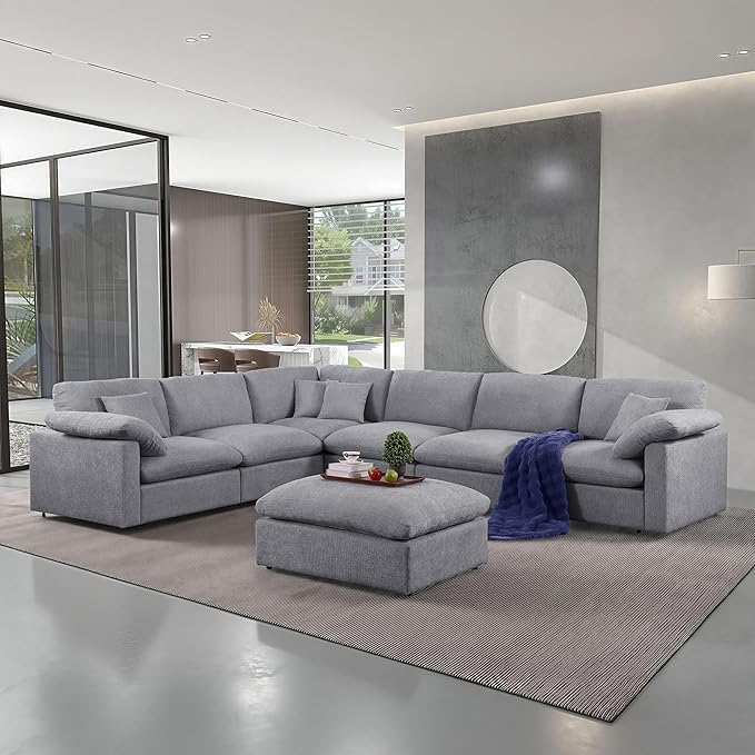 144-Inch Oversized L-Shaped Corner Sectional Cloud Sofa,Modern 7 Seat Modular Cloud Sofa Luxury Convertible Couch with 6 Pillows and Movable Ottoman for Living Room