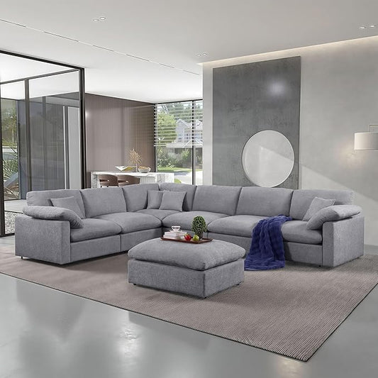 144-Inch Oversized L-Shaped Corner Sectional Cloud Sofa,Modern 7 Seat Modular Cloud Sofa Luxury Convertible Couch with 6 Pillows and Movable Ottoman for Living Room