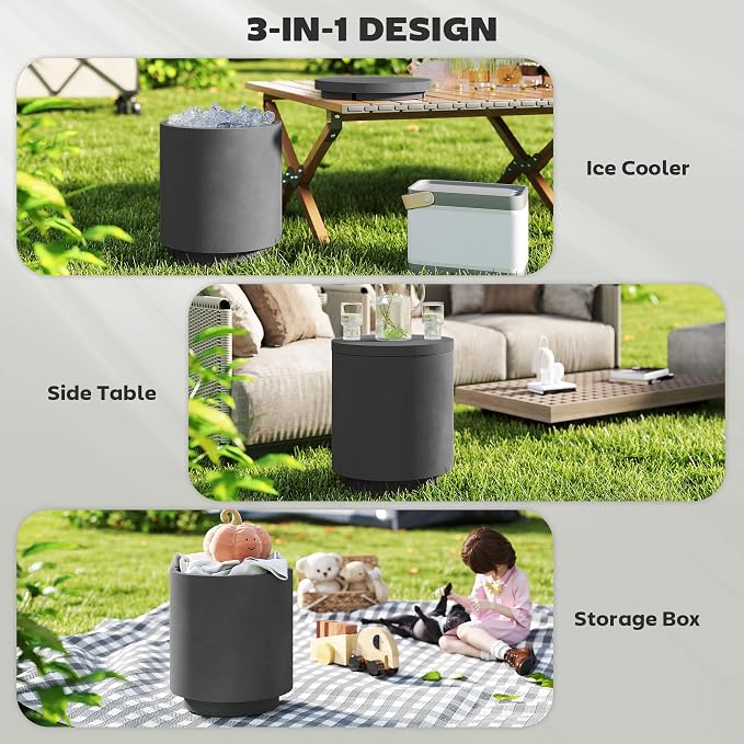 HOMCOM 2.6 Gal Outdoor Cooler Side Table, 3-in-1 Cool Coffee Table with Storage, Removable Ice Bucket and Lid, Concrete Small Patio Table for Party, Poolside, Deck, Charcoal Gray - Image 4