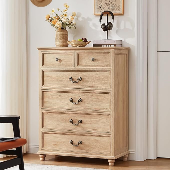 Joaxswe Farmhouse 6 Drawer Dresser Set of 2 for Bedroom, 42" Tall Rustic Chests of Drawers w/ 4 Solid Wood Feet, Mid Century Vintage Wooden Closet Storage Dressers Organizer for Living Room,Natural - Image 9