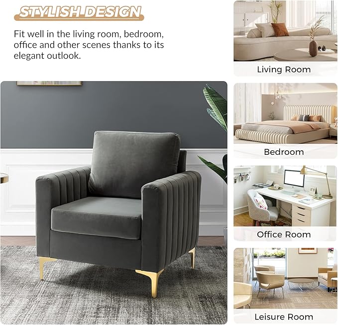 HULALA HOME Velvet Accent Club Chairs Set of 2, Modern Velvet Armchair Upholstered Accent Club Chairs Sofa Chairs with Gold Metal Legs Mid-Century Barrel Leisure Comfy Reading Armchair, Grey