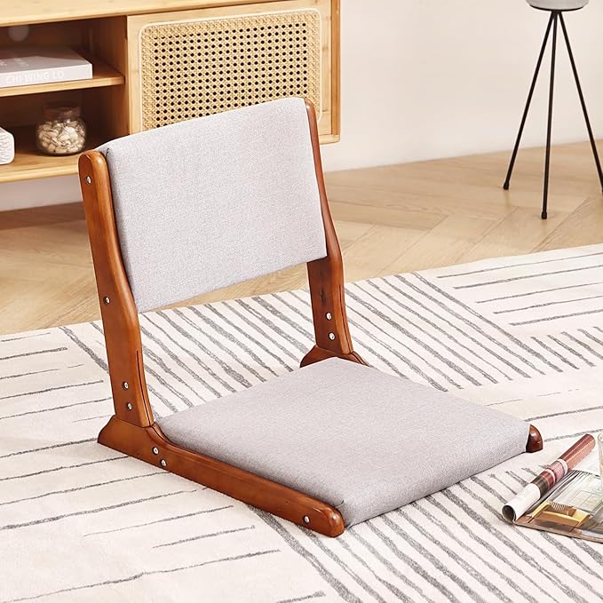 Tiita Foldable Tatami Chair, Japanese Floor Chair, Wood Legless Back Rest Chairs with Cushion, Accent Meditation Floor Chairs Bay Window, Walnut Grey