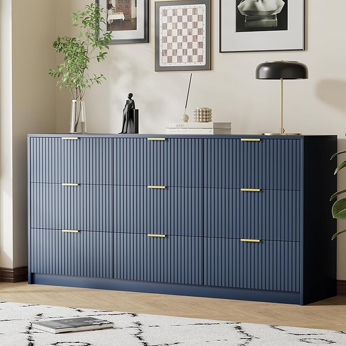 Furniway Blue Dresser Bedroom Set 3 Pieces, Nightstands Sets of 2, 9 Drawer Dresser with Gold Handles for Bedroom