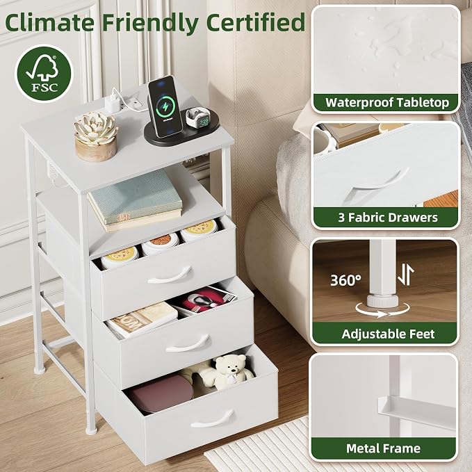 Somdot Nightstands Set of 2,Bedside Tables with Charging Station and LED Lights,Night Stand with 3 Fabric Drawers, End Tables with Open Shelf for Small Spaces Bedroom Entryway Hallway, White Leather - Image 6