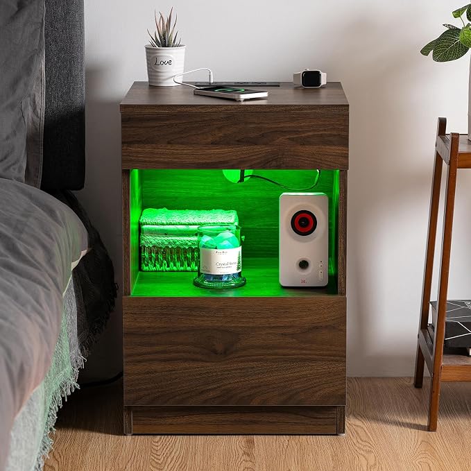HOMMPA Set of 2 Open Shelf LED Nightstands with Charging Station Dark Walnut 2 Drawers Bedside Tables with Led Light Night Stands with Storage Smart Nightstads Wood Night Table Mid Century for Bedroom - Image 8