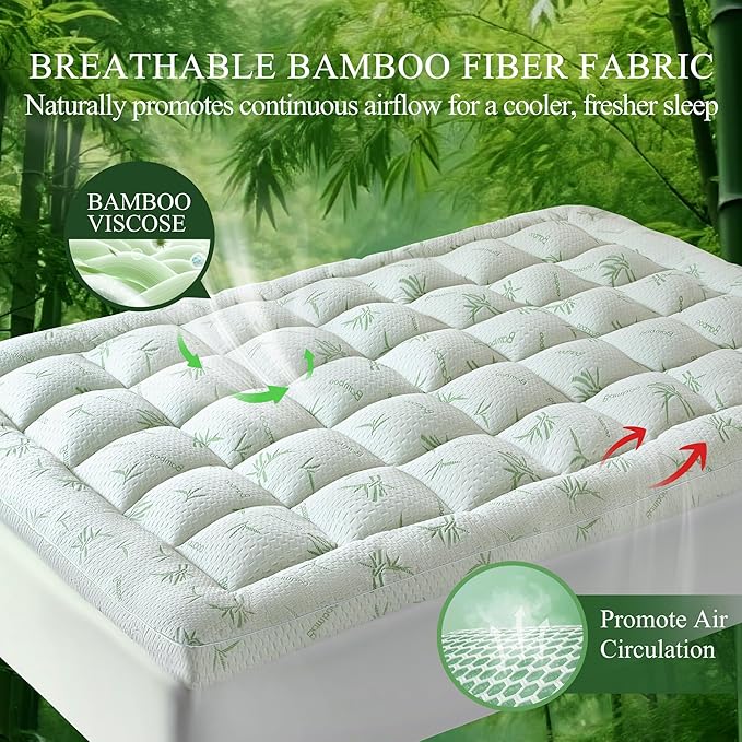 3 Inch Full Mattress Topper, Plush Pillow Top Matress Topper for Back Pain Relief, Cooling Mattress Pad with 6"-18" Deep Pocket, Rayon Derived from Bamboo,Oeko-TEX Certified (54"x75")