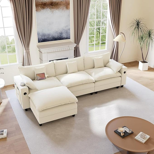 116" Modular Sectional Sofa, L Shaped Cloud Couch with Movable Ottoman, Chenille Deep Seat Cloud Sofa with Charging Station, Cup Holder, Side Pocket, Sectional Couches for Living Room, Beige