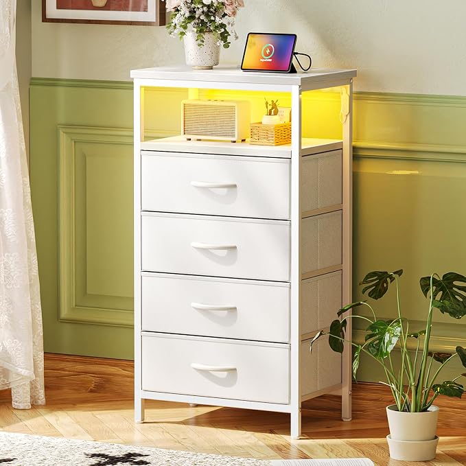 Huuger Night Stand with Charger Station and LED Lights, 4 Drawer Nightstand, Bed Side Table with Open Shelf, End Table, Fabric Dresser for Bedroom, PU Leather, White - Image 2