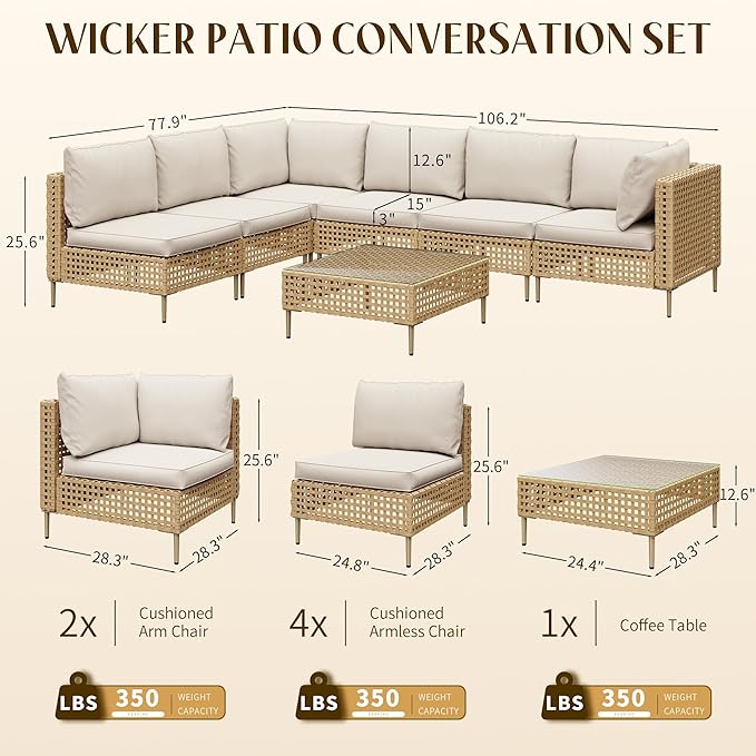 LHBcraft 7-Piece Wicker Outdoor Patio Furniture Set, Modular Rattan Outdoor Furniture, Patio Conversation Sets, Handmade Rattan, Water Resistant Fluffy Cushions and Coffee Table, Beige