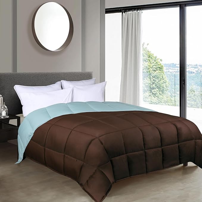 Superior Brushed Microfiber Comforter, Down Alternative Bedding, Medium Weight, Soft Bed Cover, Plush Duvet Insert, Oversized Blanket, Box Quilt, Reversible Comforter, Twin, Choco-Sky Blue