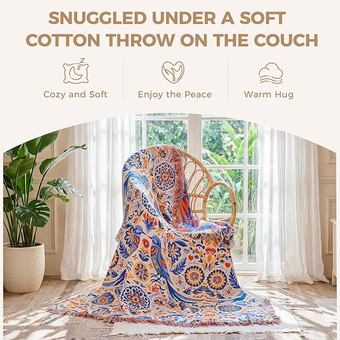 LUTBM Boho Throw Blanket for Couch Sofa Chair Cotton Spring Blankets for Bedroom Living Room All Season Soft Lightweight Reversible Floral Bird Embroidery Throws 50"x60"