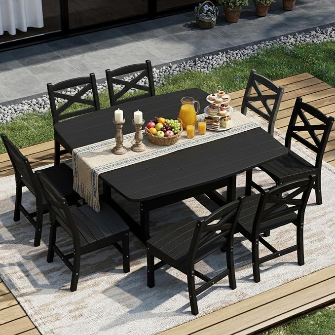 Outdoor Dining Set, HDPE 9-Piece Patio Table and Chairs Set, All-Weather Outdoor Dining Table Set for 8 with Umbrella Hole, Durable Patio Furniture Set with Chairs,Black - Image 2