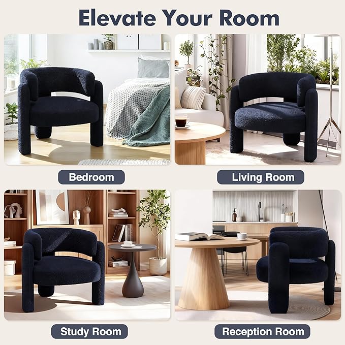 Accent Chair for Living Room, Modern Sherpa Barrel Chair, Upholstered Living Room Chairs with 3 Legs, Comfy Armchair Reading Side Chair for Bedroom, Office, Apartment, Blue