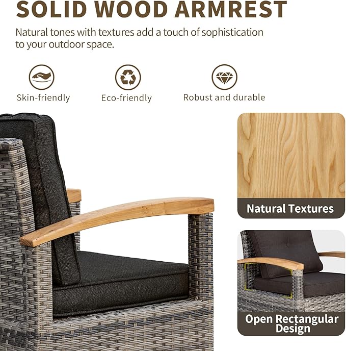 MEISSALIVVE 6 Pieces Patio Furniture Sets, Wicker Patio Conversation Sets with 4 Wood Armrests Swivel Glide Chairs，Outdoor Conversation Set for Deck Yard and Poolside (Black)