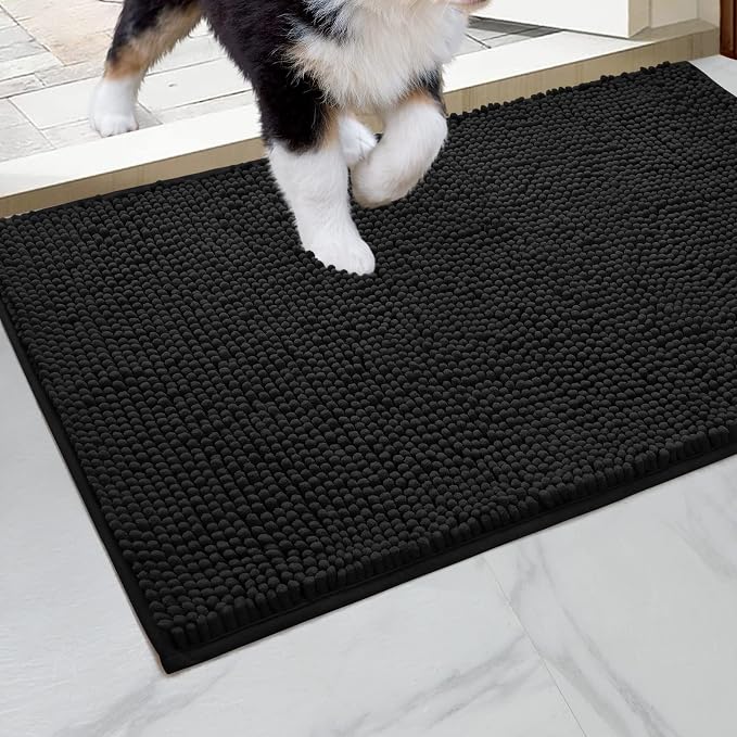 HOMEIDEAS Doormat Indoor Entrance, 32"x20", Highly Absorbent Chenille Muddy Dog Washable Non Slip Front Welcome Door Floor Mat for Entryway, Black by HOMEIDEAS