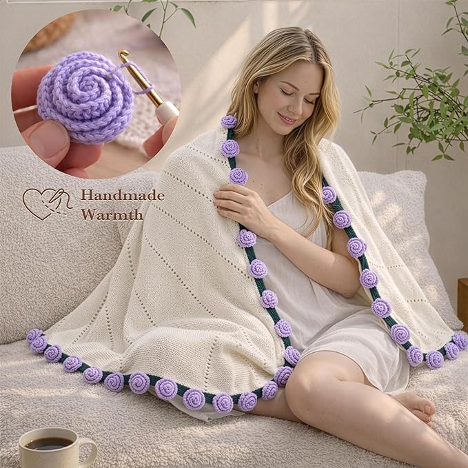 Get Well Gifts for Women, Flower Bouquet Blanket Gift Baskets, Care Package, Self Care Gifts, Thinking of You Gifts for Her Wife Mom Female Friends, Birthday Gifts for Women (Purple Rose Bouquet)