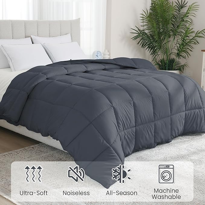 Peace nest King Size Goose Feather Fiber and Down Comforter Fluffy Duvet Insert All Season Hotel Luxury Bedding Comforters Soft Medium Warmth 88x104 Inches Dark Grey