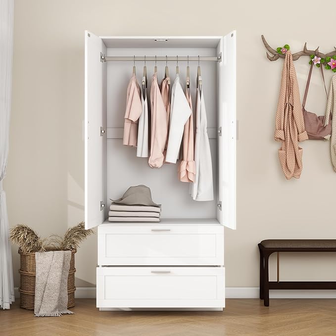 Panana Modern 2 Doors 2 Drawers Bedroom Armoires Wardrobe Clothes Storage Closet with Hanging Rod, Wooden Bedroom Freestanding Wardrobe, 31.5" W x 19.7" D x 70" H (White)