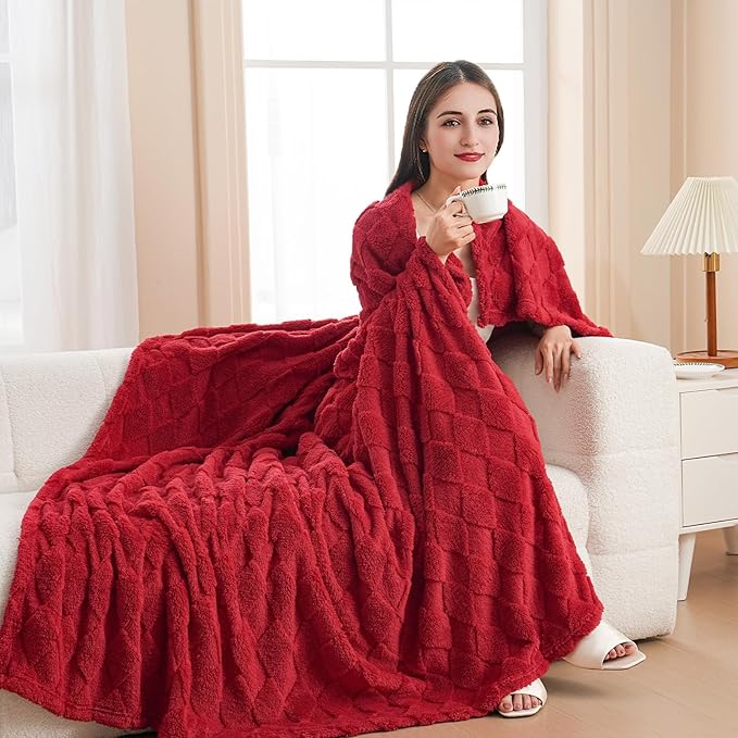 Red Throw Blanket for Couch Sofa Bed 60x80 inches,Fleece Blankets Microfiber Flannel with Diamond Checkered Pattern Lightweight Plush Soft Cozy Gifts for Women Mom Girls