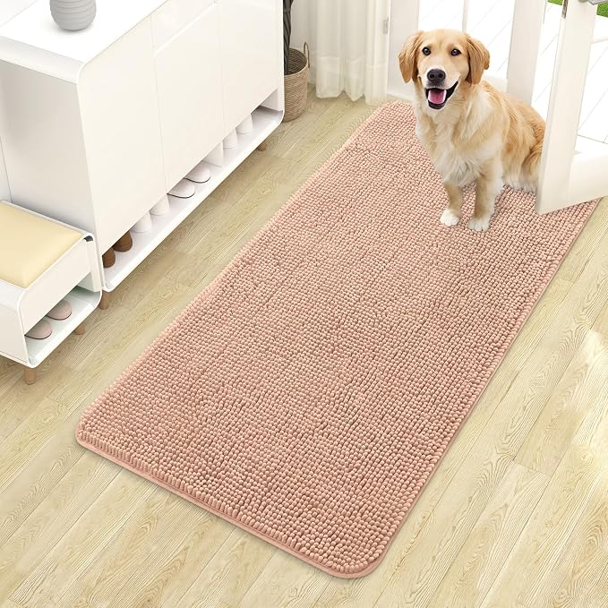 OLANLY Dog Door Mat for Muddy Paws 44x24, Absorbs Moisture and Dirt, Absorbent Non-Slip Washable Doormat, Quick Dry Chenille Mud Mat for Dogs, Entry Indoor Entryway Carpet for Inside Floor, Peach by OLANLY