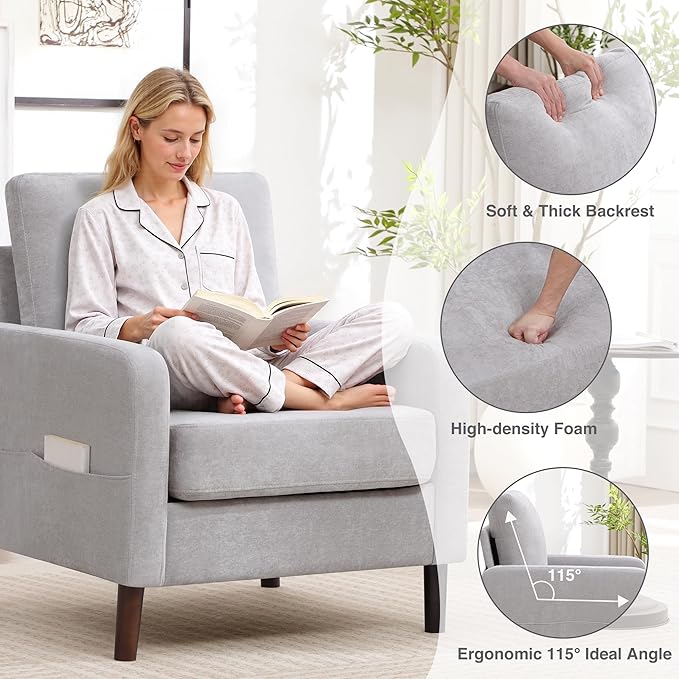Accent Chair Set of 2, Upholstered Living Room Chairs with Wood Legs and Side Pockets, Modern Reading Chair for Bedroom, Armchair Single Sofa Side Chair for Office, Small Room, Light Grey
