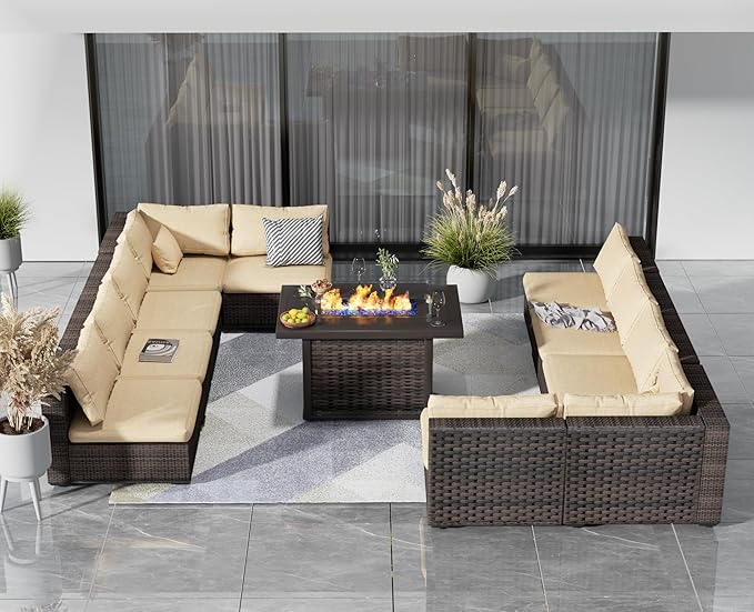 Patio Furniture Set 11 Pieces with 44" Fire Pit Table, Rattan Outdoor Sectional Conversation Sets, All Weather Outdoor Furniture Set with Cushions for Garden Lawn Balcony Porch Deck Beige