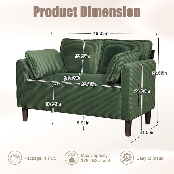 Corduroy Oversized Armchair 48" Extra Wide Accent Chairs W/Double Solid Wood Frame for Living Room Modern Lounge Chair, Upholstered Cloud Single Sofa with Pillows