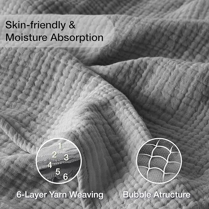 100% Cotton Muslin Blanket California King 120" x 90", 6 Layers Breathable and Lightweight Oversized Blankets for Bed, Soft Cooling Gauze Blanket for Adults All Season, Medium Grey