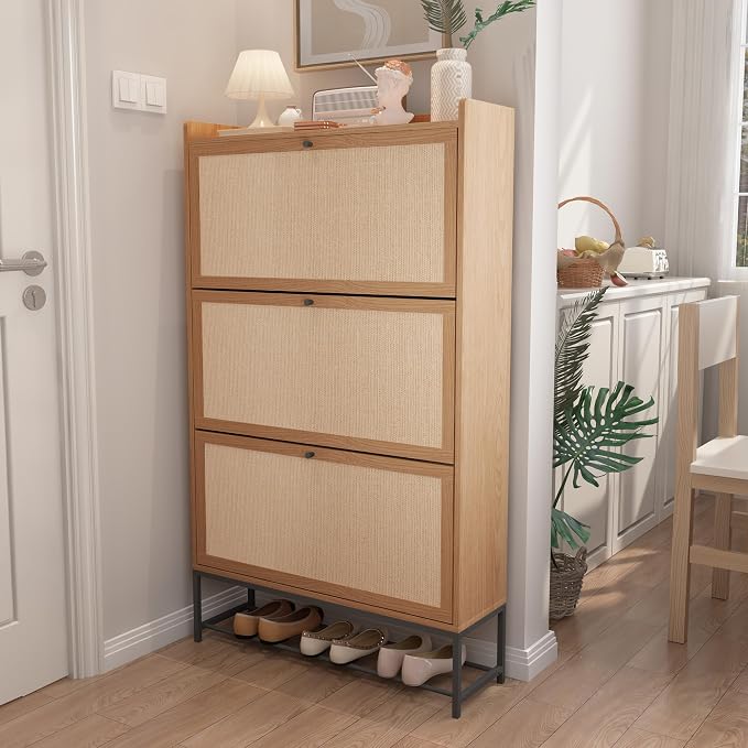AVZEAR Narrow Shoe Storage Cabinet with 3 Flip Drawers, Freestanding Shoe Organizer Wooden Closed Shoe Rack, Slim Shoe Cabinet Storage for Entryway, Hallway, Living Room (Natural) - Image 3