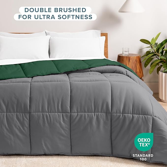 Bare Home California King Comforter - Reversible Colors - Goose Down Alternative - Ultra-Soft - Premium 1800 Series - All Season Warmth - Bedding Comforter (California King, Grey/Forest Green)