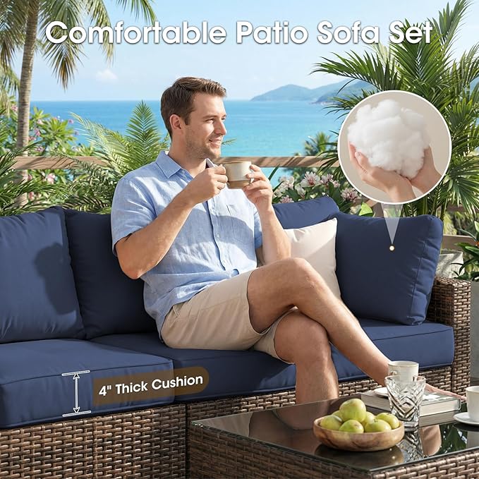 Patio Furniture Set 7 Piece Outdoor Wicker Sectional Sofa - All Weather High Backrest PE Rattan Couch Conversation Set with Cushion & Glass Top Table for Backyard Deck (Blue, L-7 pcs w/glass table)