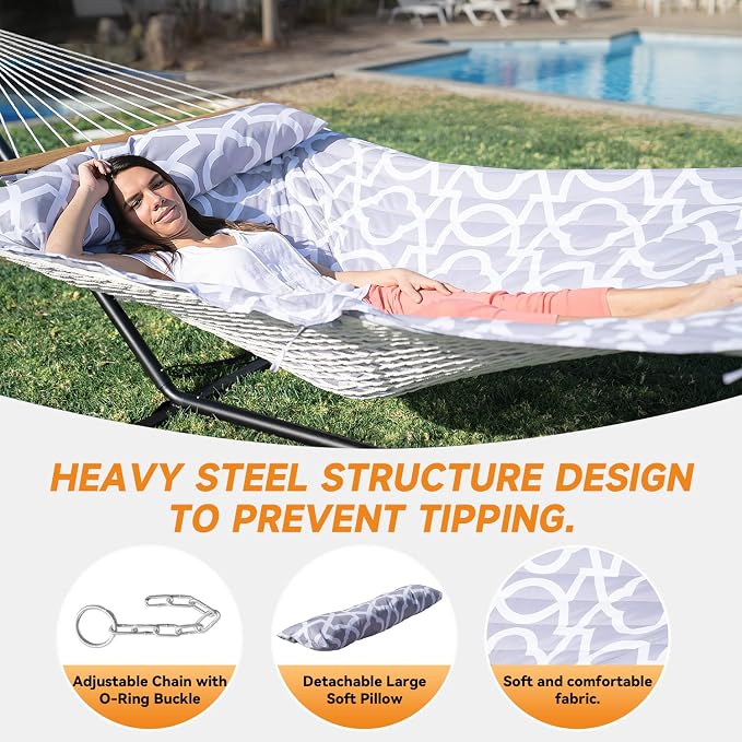 Everyfun 2 Person Outdoor Hammock with Stand, Cotton Rope Hammock with Polyester Pad, Adjustable Steel Frame, Portable with Carrying Bag – for Patio, Backyard, Garden, Beach, Cloud-Gray - Image 5
