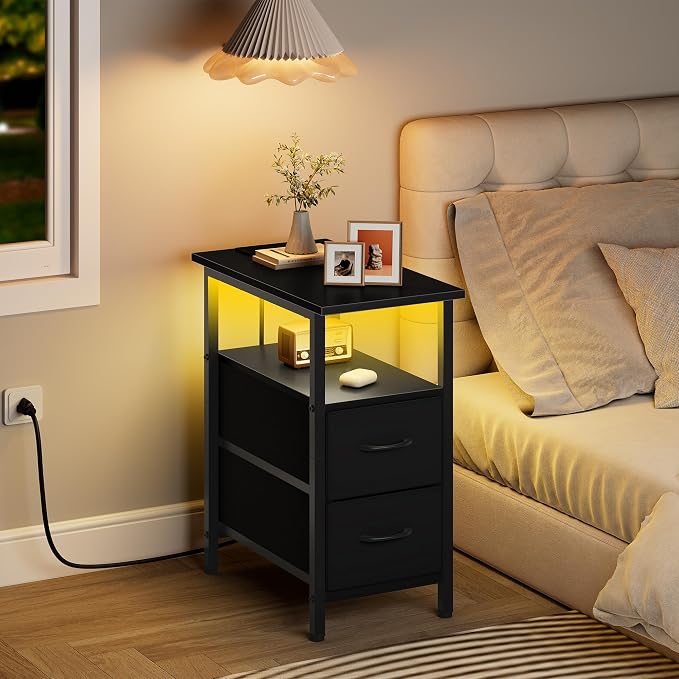 Vagusicc Set of 2 Black Nightstand with Charging Station and LED Lights, Narrow Side Table, LED Night Stand with 2 Fabric Drawers, Bedside Table Small End Table, Tall Nightstand for Bedroom, Black - Image 2