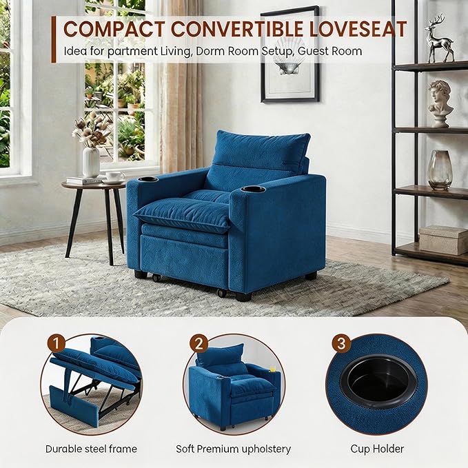 Casaphoria Convertible Sleeper Chair 66.54" Futon Sofa Bed Single Sleeper Sofa Small Couch Bed with Adjustable Backrest for College Dorm Bedroom Studio Apartment